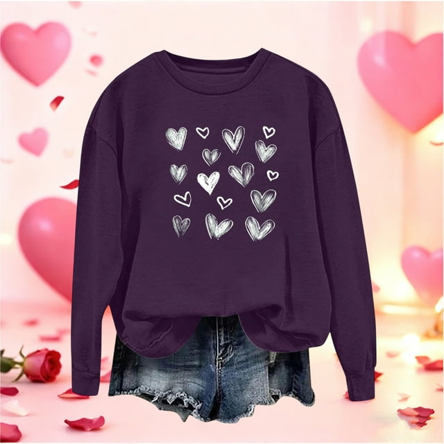 Mceream Valentines Chandails en Molleton pour Femmes Mode Décontractée Imprimé Cœur Graphique Manches Longues Chemises Col Rond Surdimensionné Chandail Tops Grande Taille Violet G