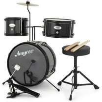 3-Piece Drum Set, Wood & Metal Construction, Includes Bass Drum, 2 Toms, Cymbal, Sticks, Bass Pedal & Stool, Complete Beginner Percussion Kit, Dark Black