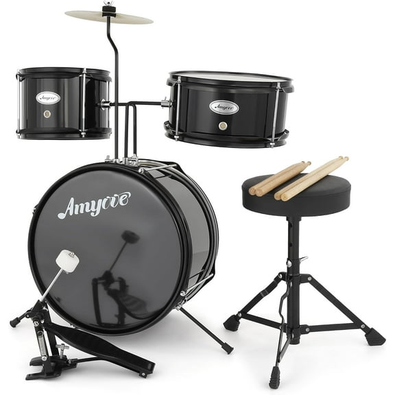 3-Piece Drum Set, Wood & Metal Construction, Includes Bass Drum, 2 Toms, Cymbal, Sticks, Bass Pedal & Stool, Complete Beginner Percussion Kit, Dark Black