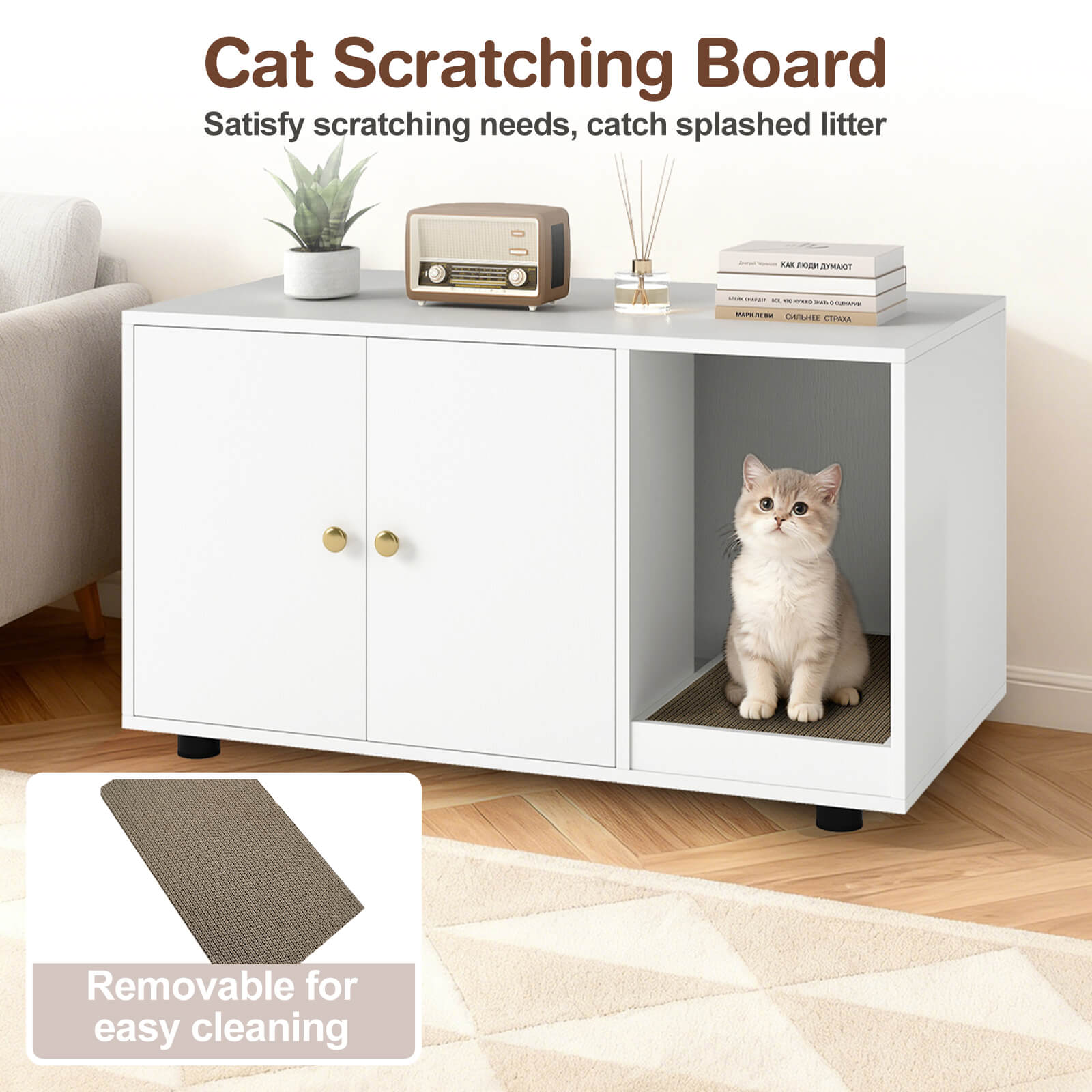 Costway Wooden Cat Litter Box Enclosure, Hidden Litter Box Furniture with Scratching Board White