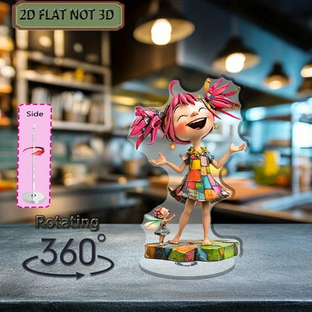 1pc 2d flat Rotating acrylic centerpiece featuring a joyful girl with pink hair and a glowing fairy ideal for festive celebrations and whimsical home displays