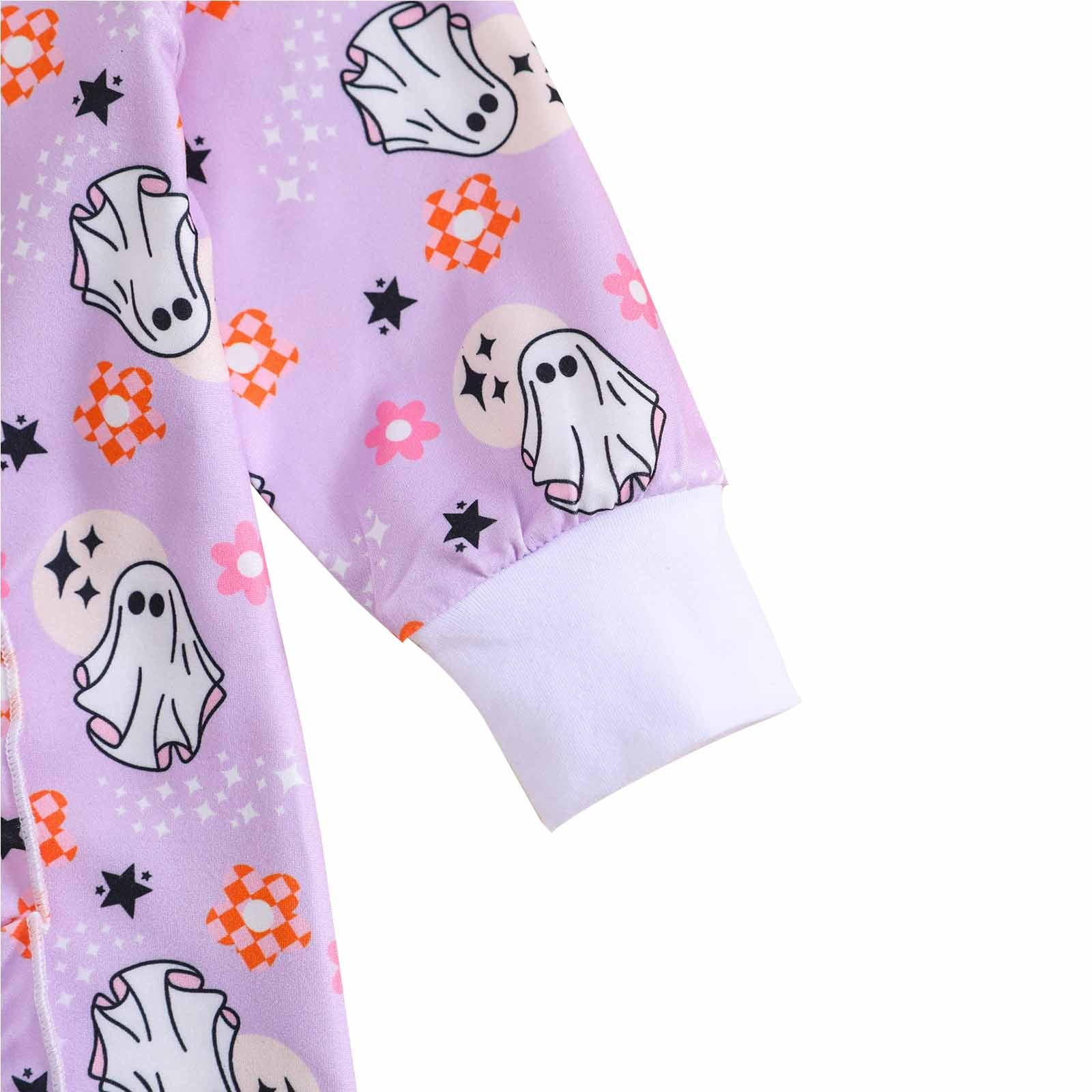 Baby Girl Bubble Romper Baby Girls Fall Full Zip Jumpsuit Cartoon Ghost Print Long Sleeve One Piece Pajama with Headband Soft Comfort Baby Boy Rompers Purple 6 Months-12 Months