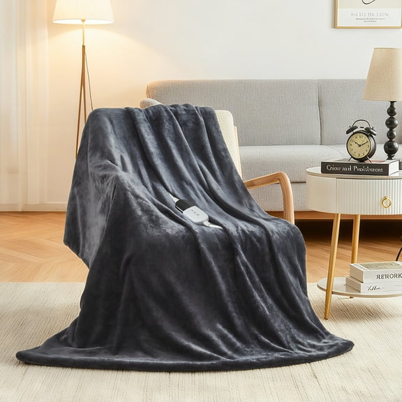 Dhole Electric Heated Blanket Throw - 50"x60" with 6 Heating Levels 4 Hours Auto Off Fast Heating Over-Heated Protection Ultra Soft Warm Flannel ETL Certified(Dark Gray)
