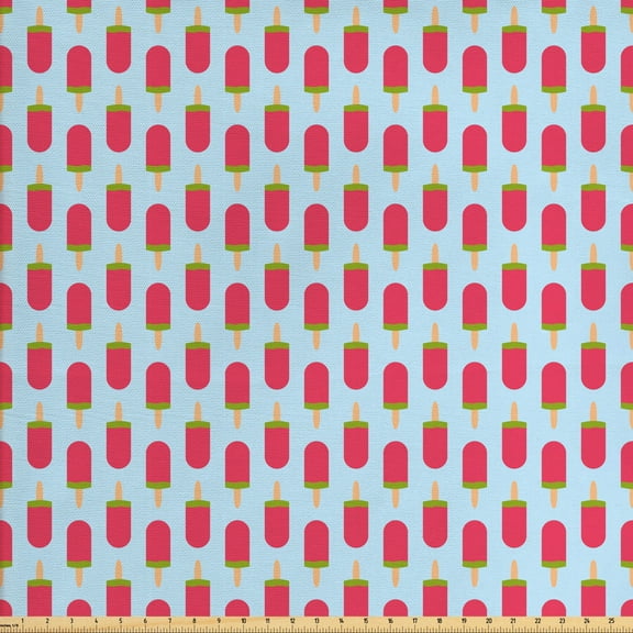 Ambesonne Ice Cream Fabric by the Yard Upholstery, Fruity Cold Popsicles, 3 Yards, Pale Blue Dark Coral