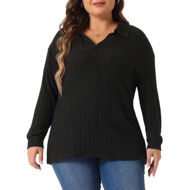 GRACE & GRANDEUR Women's Plus Size Loose Polo V Neck Long Sleeve T Shirts Tops Collared Ribbed Brushed Top Sweater Casual 3X Black