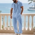 thumbnail image 5 of FRSASU Men's 2 Piece Linen Outfits Short Sleeve Henley Hooded Shirt and Beach Pants Set Casual Summer Matching Set Light Blue, 5 of 9