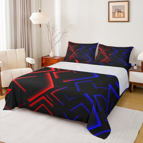 Manfei Red Blue Neon Light Queen Sheet Sets 4 Pieces, Geometric Minimalist Flat Sheet, Black Queen Fitted Sheet, Microfiber Bedroom Decor