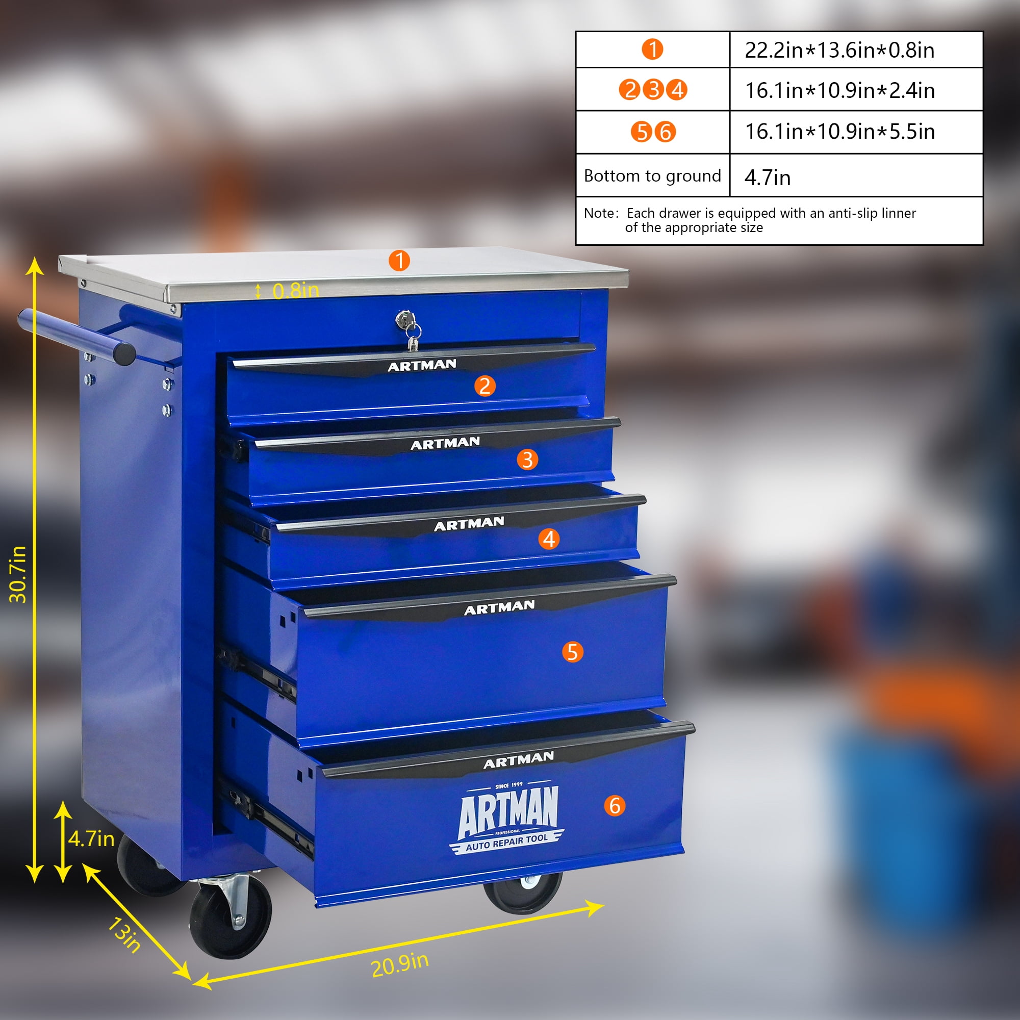 ARTMAN 5 Drawers Steel Storage Rolling Tool Chest Cabinet Cart with Wheels and Stainless Steel Roof