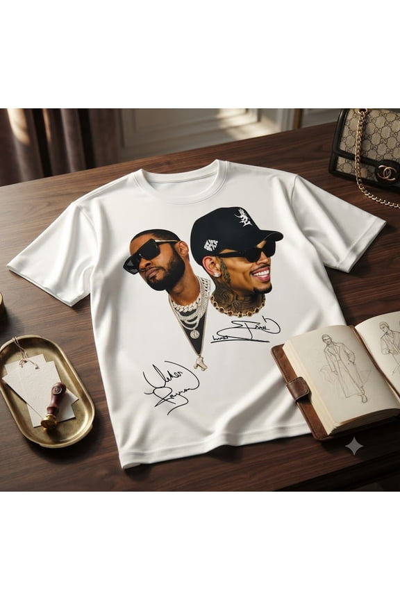 Ushr and Chrls Br0wn Dual Portrait Graphic T-Shirt R And B Legends Signatures Tee