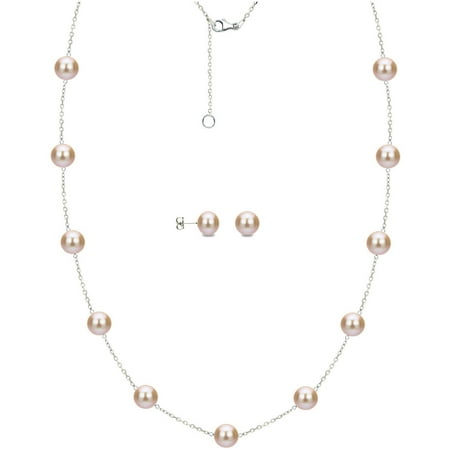 - 8mm x 9mm Pink Cultured Freshwater Pearl Sterling Silver Station Necklace and Matching Earring Set, 18