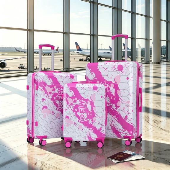 ECOBUY Luggage & Luggage Sets 3-Piece Pink PC Spinner Suitcase with Splatter Print & Combination Lock, 20/24/28 Inch