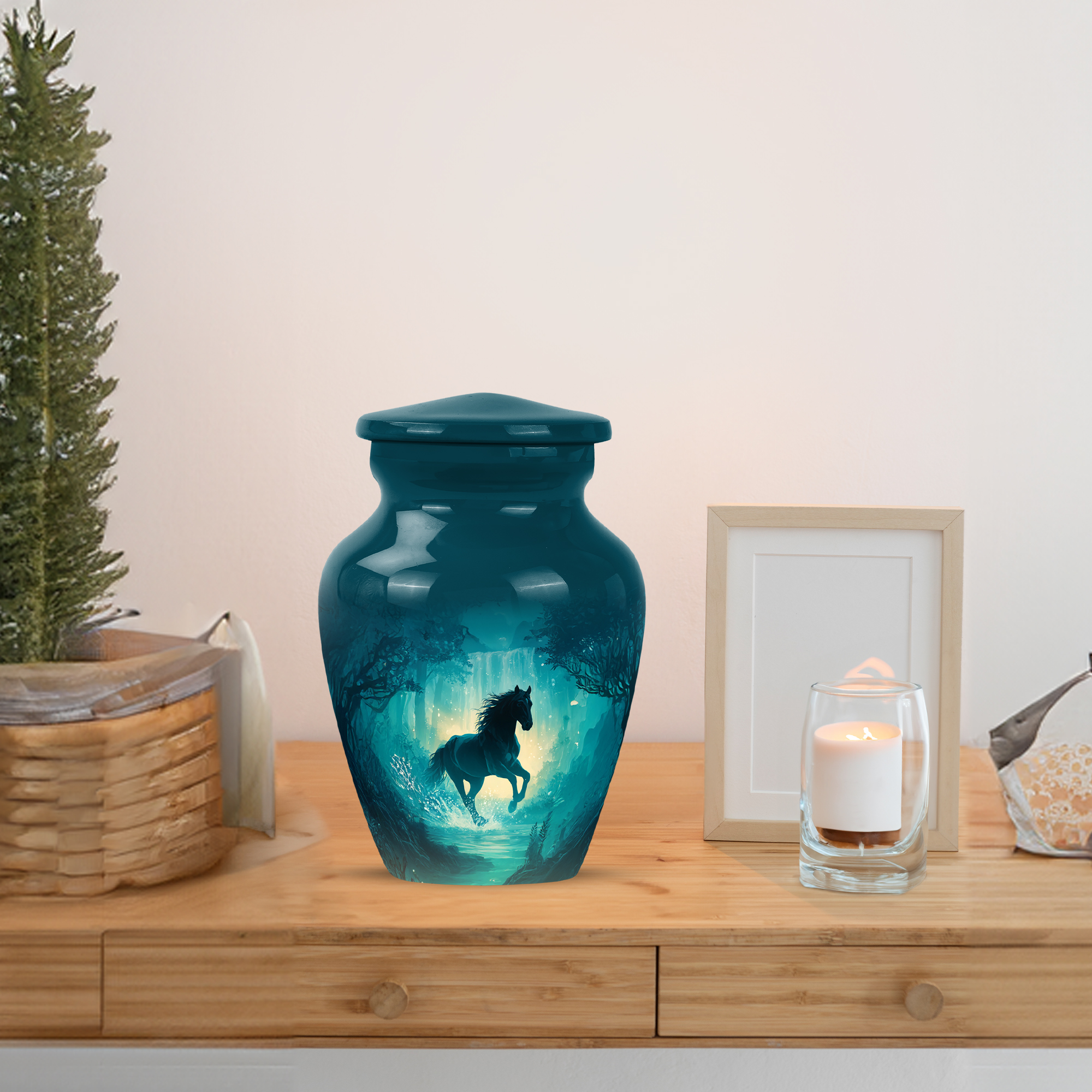 MUKTIVE Waterfall Mini Cremation Urns for Adult Male, Small Green Memorial Urns for Human Ashes Adult Man Funeral, Keepsake Horse Decorative Burial Urn, 3 Inch