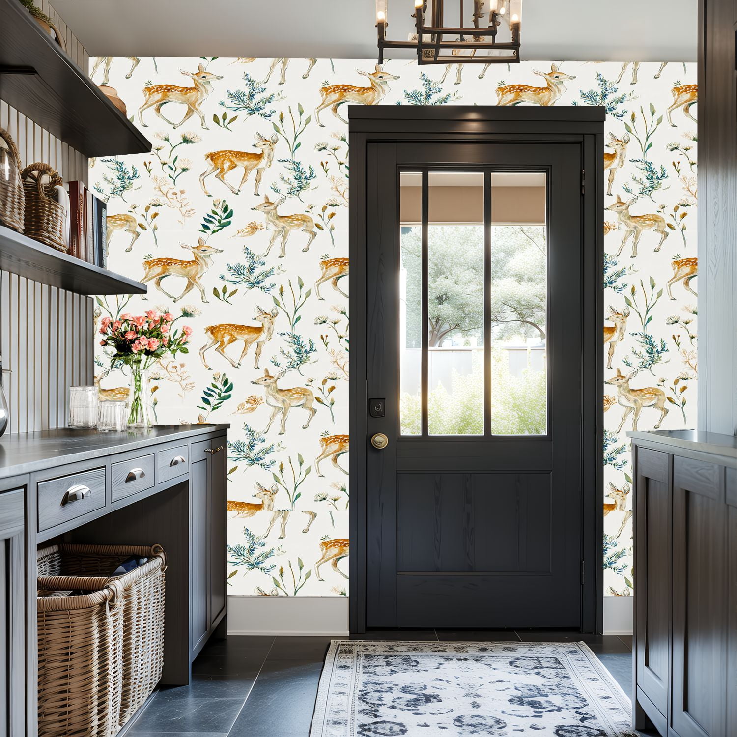 Peel and Stick Wallpaper Cute Baby Deer Wildflowers Watercolor Hunting Wildlife Wall Mural 17.7in x 9.8ft Self Adhesive Removable Wall Paper Renter Friendly Wallpaper for Nursery Bedroom Cabinets