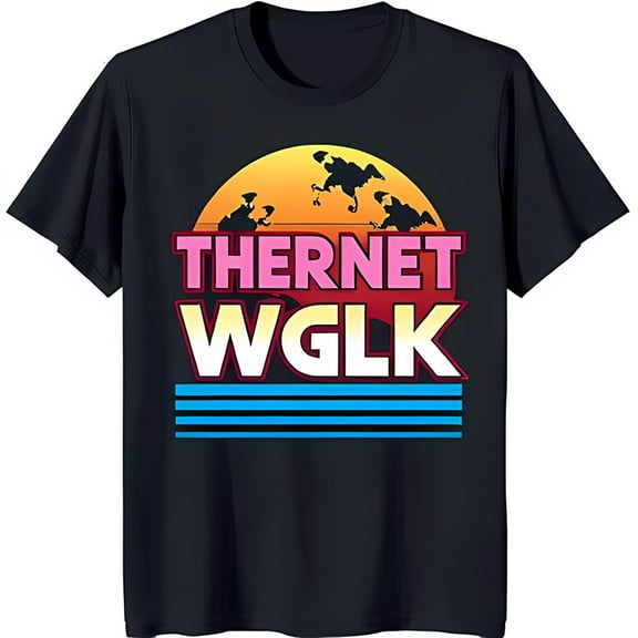 Stylish Black T-Shirt with Vibrant Sunset Graphic & 'THERNET WGLK' Text