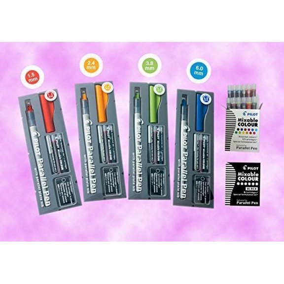 Pilot Parallel Calligraphy Pen Set, 1.5 mm, 2.4 mm, 3.8 mm, 6 mm, Assorted Ink Colors, 4 Count