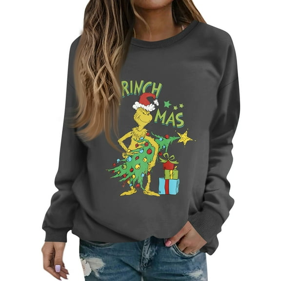 Vintage Christmas Sweatshirts for Women Funny Christmas Tree Xmas Cute Graphic Long Sleeve Pullover Dark Gray XL
