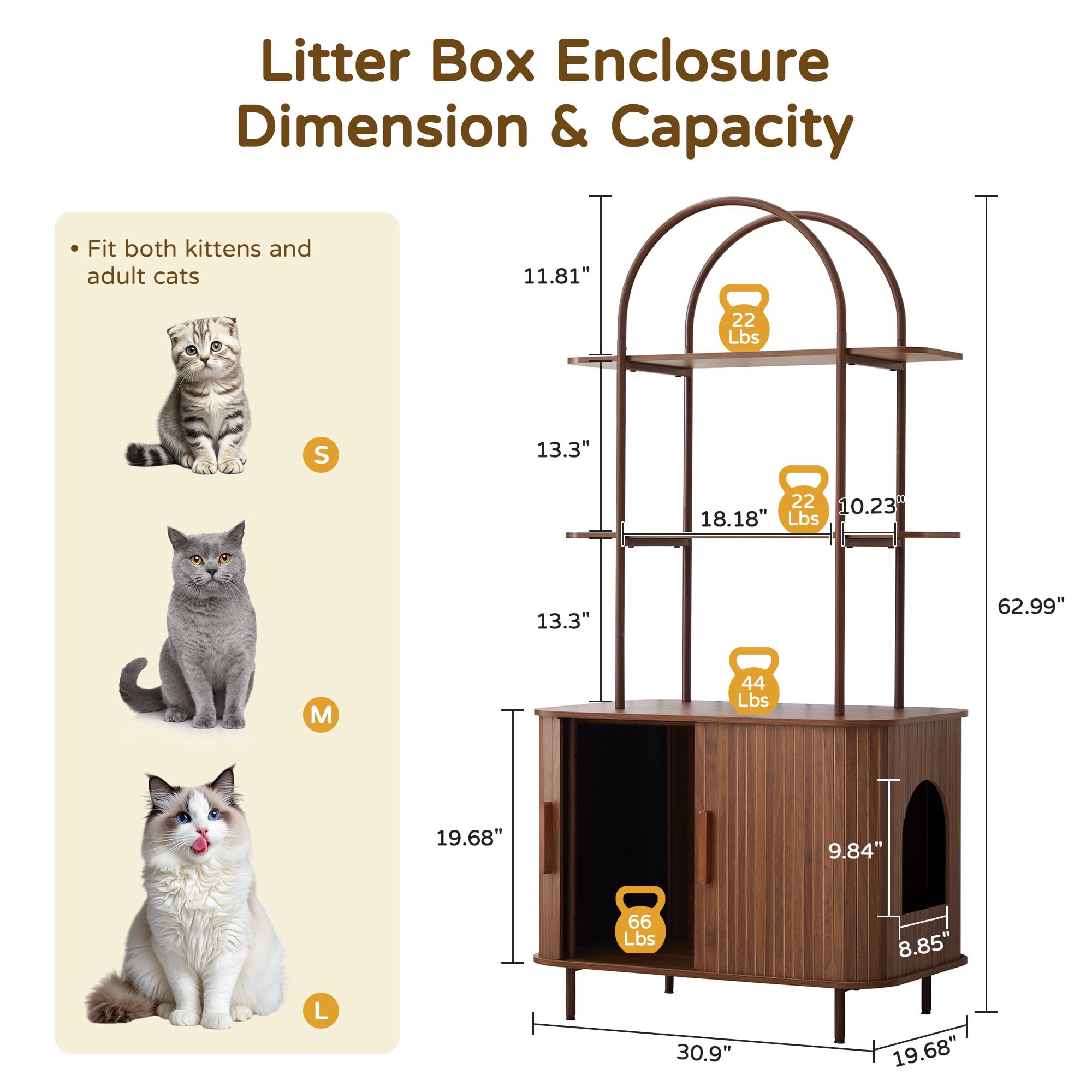 Wirrytor 63" Tall Cat Litter Box Enclosure with Sliding Doors, 3-Tier Hidden Litter Box Cabinet with Anti‑Tip Kit for Living Room, Walnut