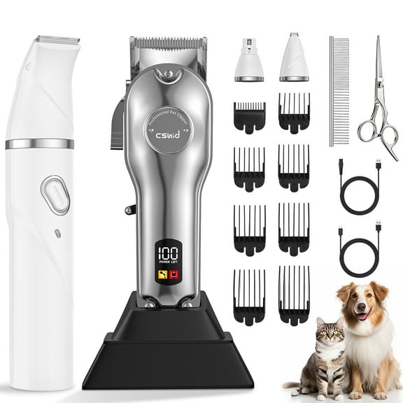 Dog Clippers with Dog Paw Trimmer for Heavy Thick Hair, Cordless Dog Grooming Kit, Low Noise Clippers for Grooming with Stainless Steel Blade, Rechargeable Dog Shaver for  Small and Large Dogs Cats
