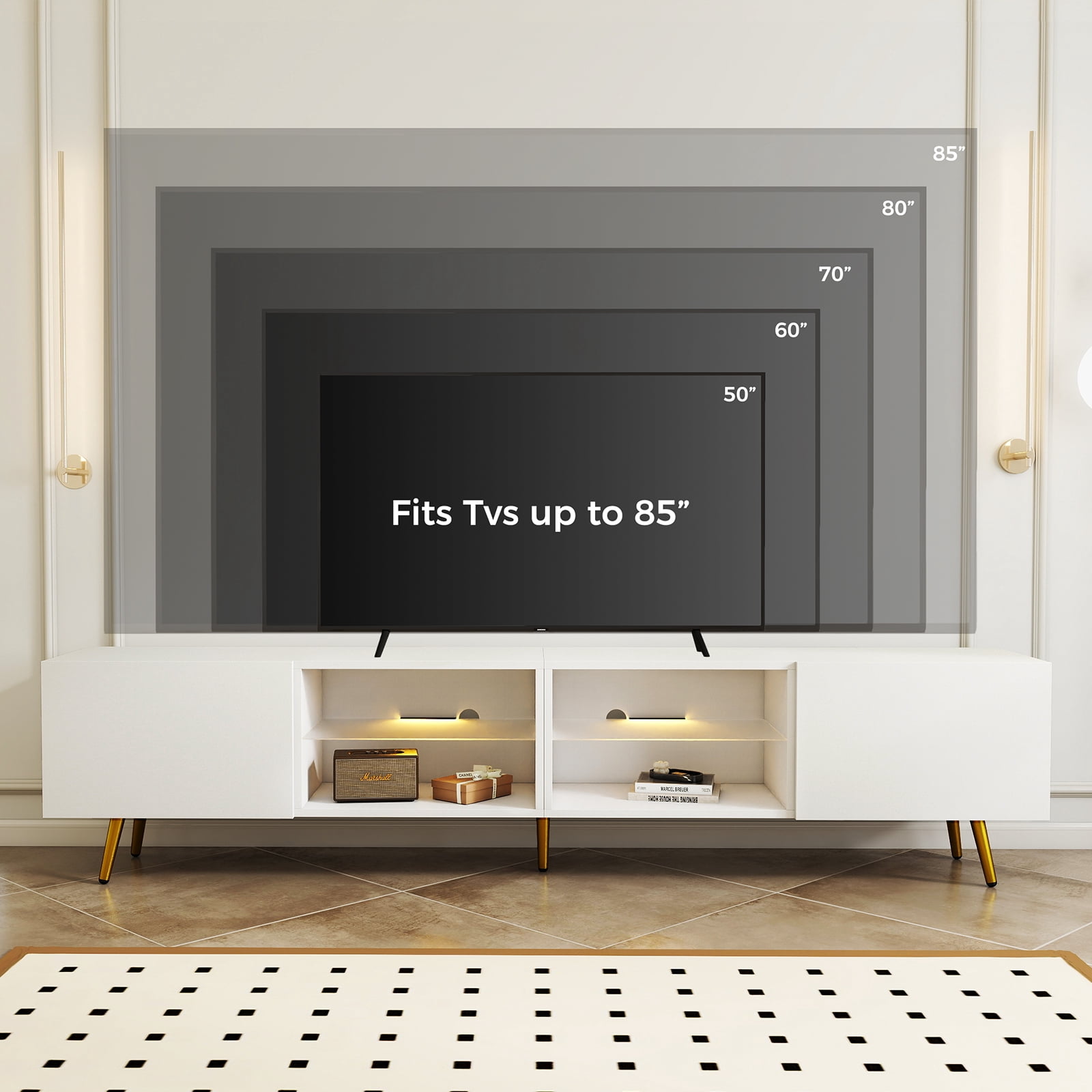 Bonzy Home 86" TV Stand, Television Console Table for 85" TV, Modern Entertainment Center with Storage Cabinets for Living Room, White