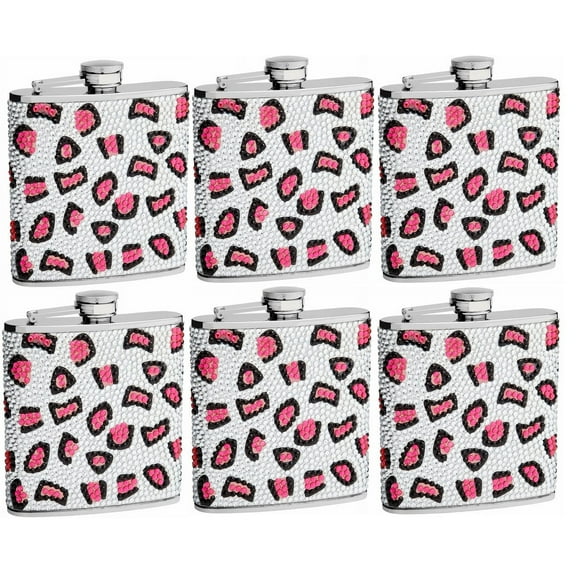 6oz Leopard Pattern Hip Flask made from Genuine Rhinestones, 6pk