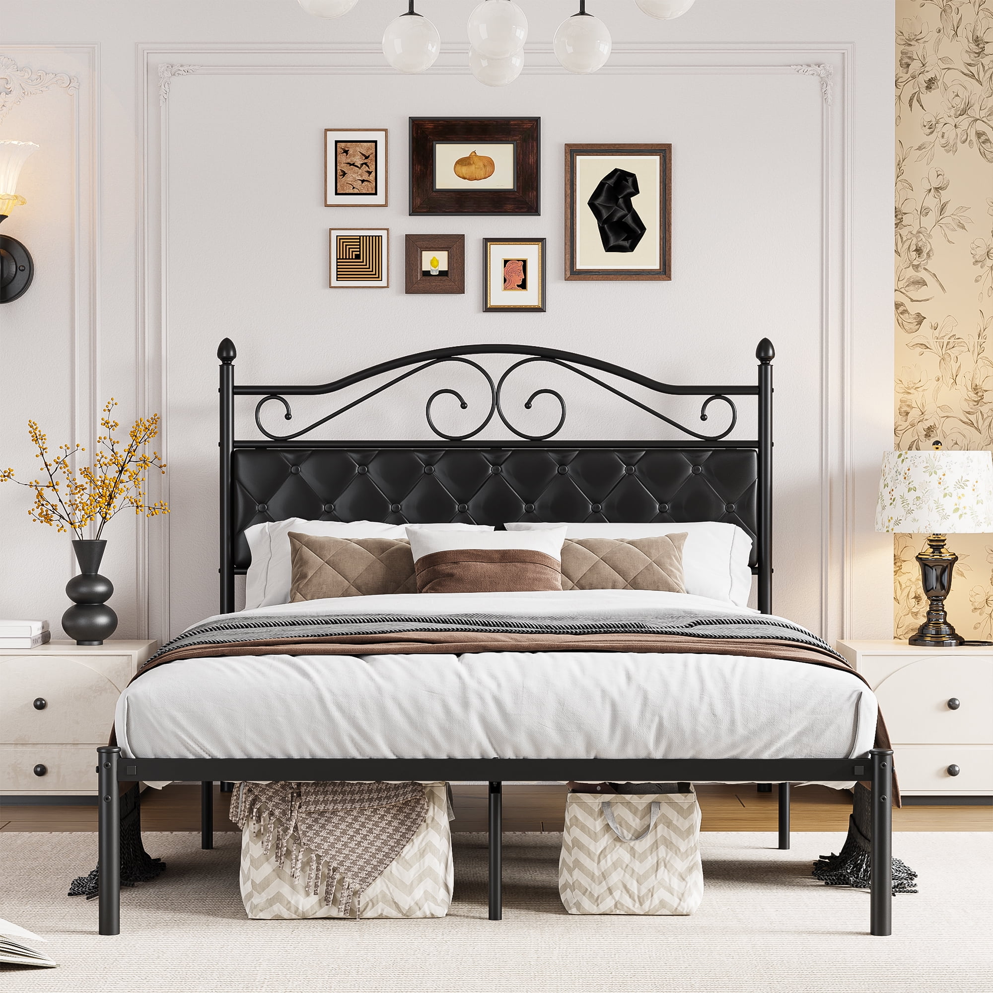 Yoneston Vintage Button Upholstered Headboard Full Size Metal Platform Bed Frame with Under-Bed Storage for Adults, Black