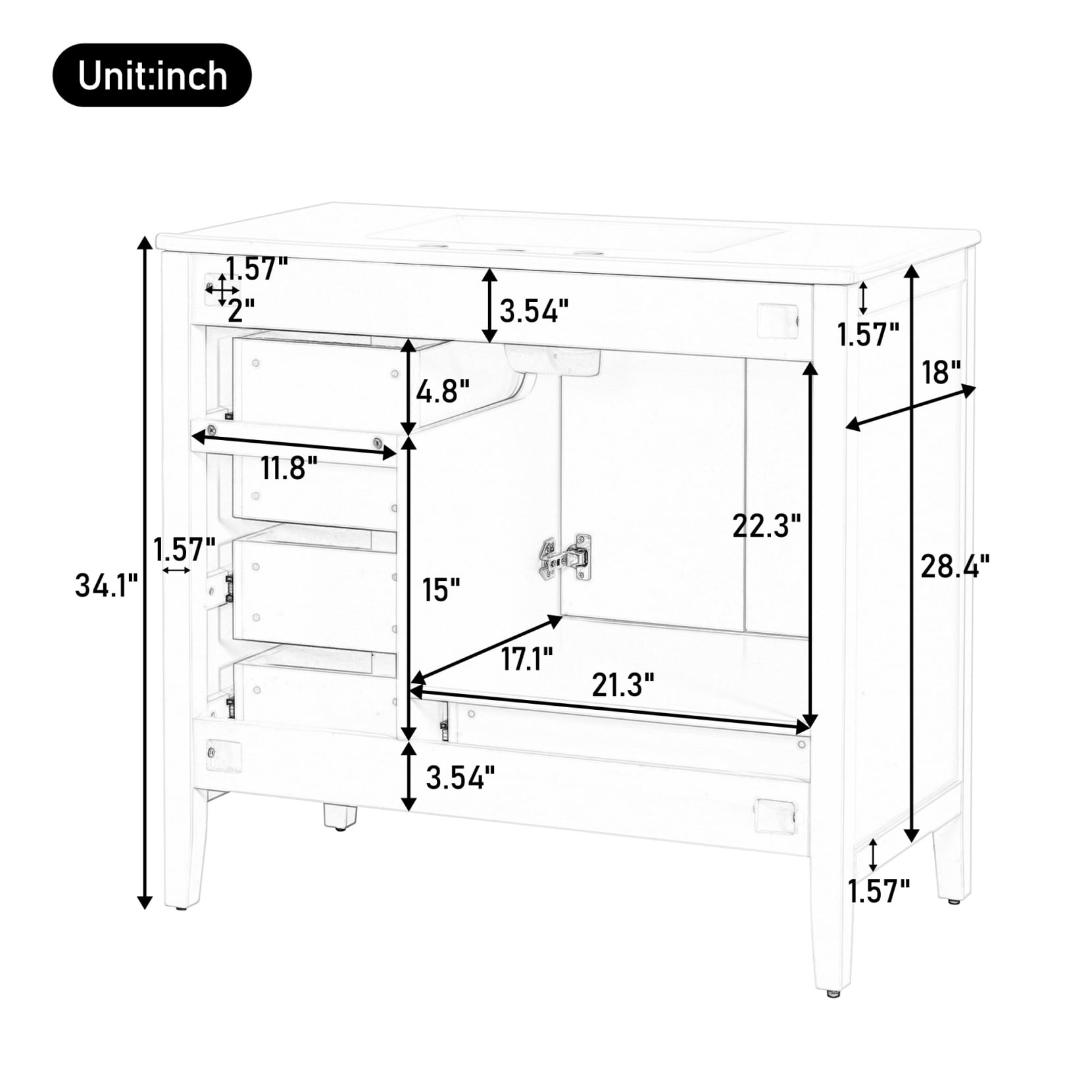 36" Bathroom Vanity with Sink Combo, Freestanding Bathroom Storage Cabinet with 4 Drawers and 2 Soft Closing Doors, Solid Wood Frame, White