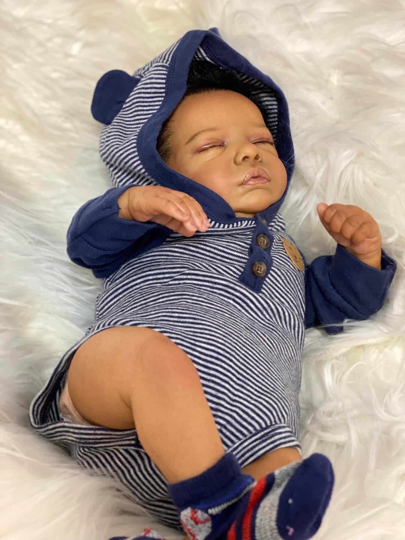 Reborn Baby Dolls 19 inch Lifelike Cute Soft Body Sweet Sleeping Real Life Baby Dolls Black Skin Real Newborn Dolls with Outfit and Feeding Toy for 3+ Years Old Kids