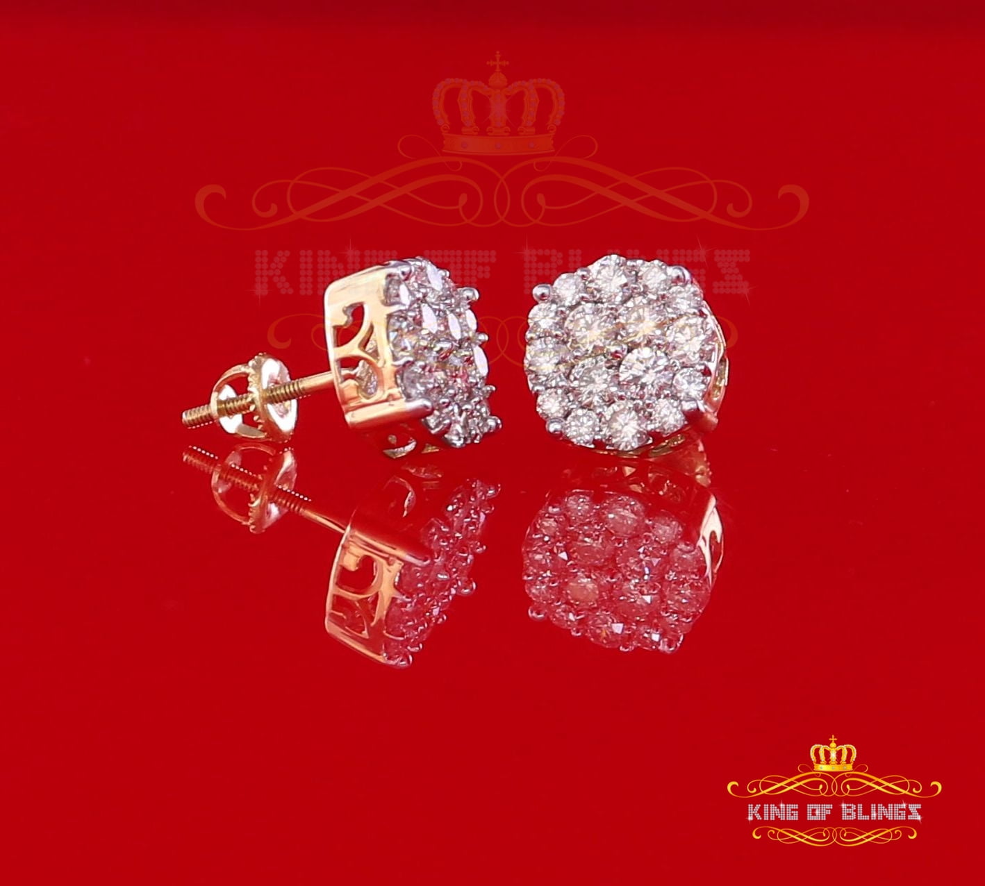 King of Bling's 10K Real Yellow Gold Real Diamond 1.50CT Men's/Women's Stud Round Earring