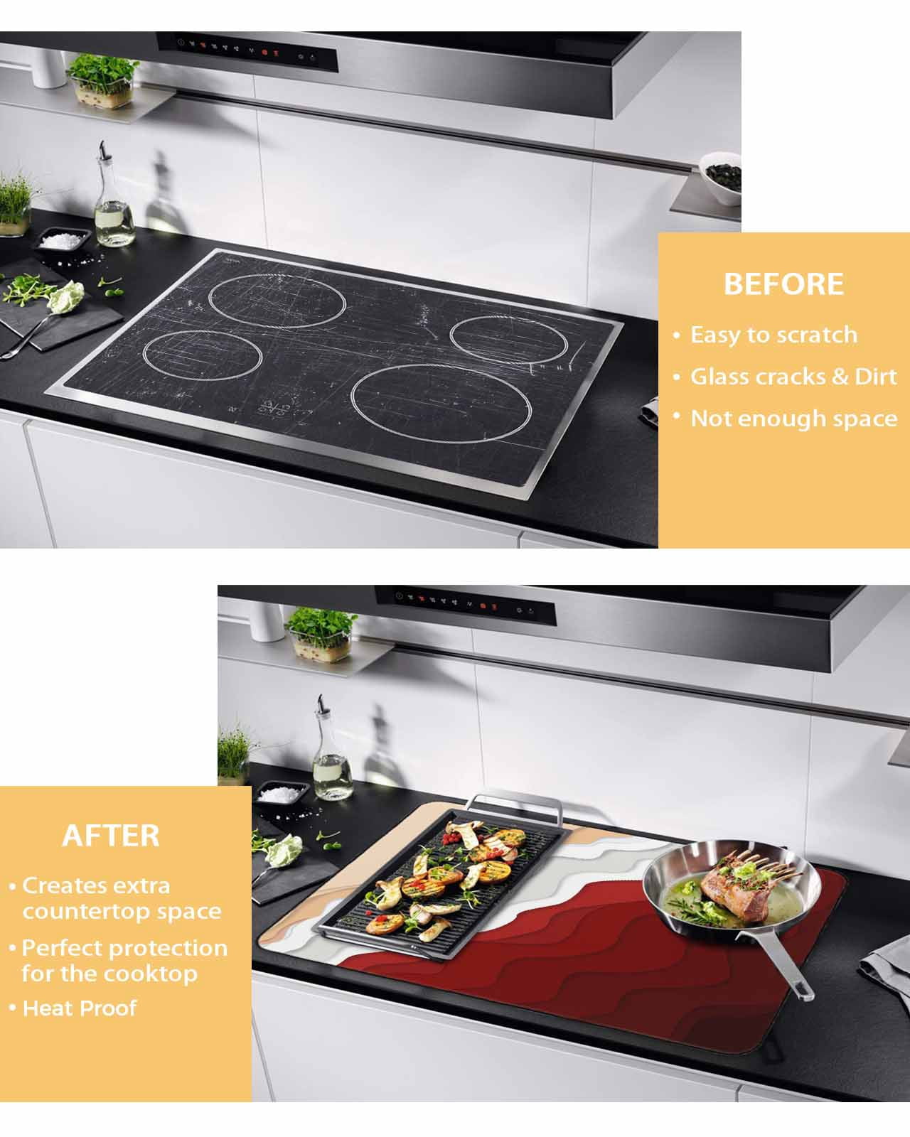 nqOlkjepod Large Induction Cooktop Protector Mat 24"x21", Red Coastal Beach Stove Top Covers for Electric Stove, Farmhouse Abstract Ocean Waves Striped Stove Burner Cover Mats, Glass Top Stove Cover