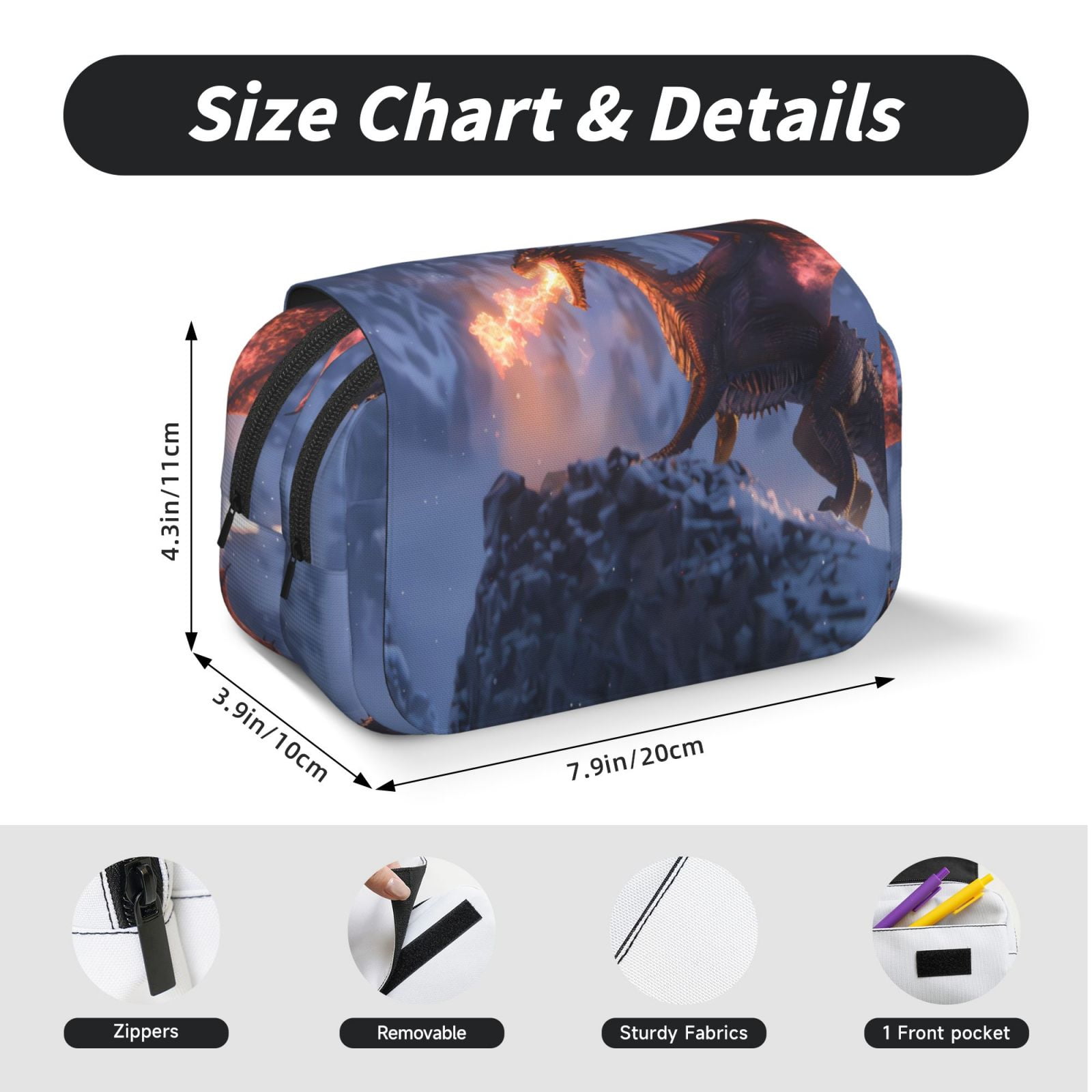 Rateoe Winter Fire Dragon Pattern Double Clamshell Pen Case, Storage Organizer with Two Zipper Compartments– Holds Up to 50 Pencils & Pens