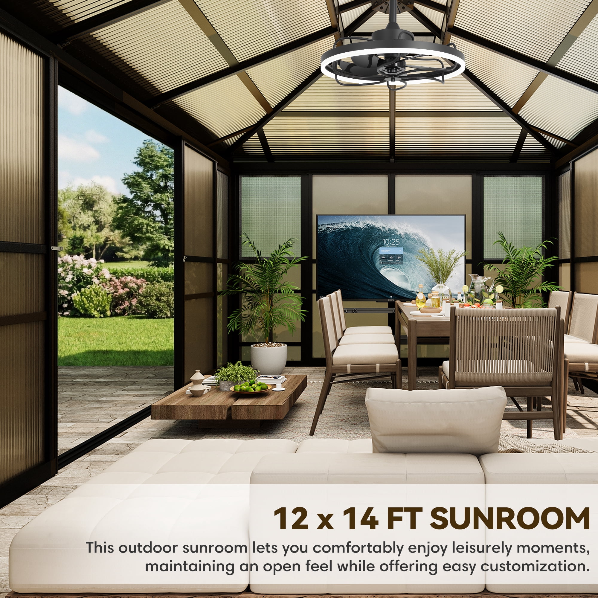 Hommow 12' x 14' Solarium Sunroom, Outdoor Hardtop Polycarbonate Roof Sun Room, Aluminum Frame Tiny House with Lockable Sliding Doors