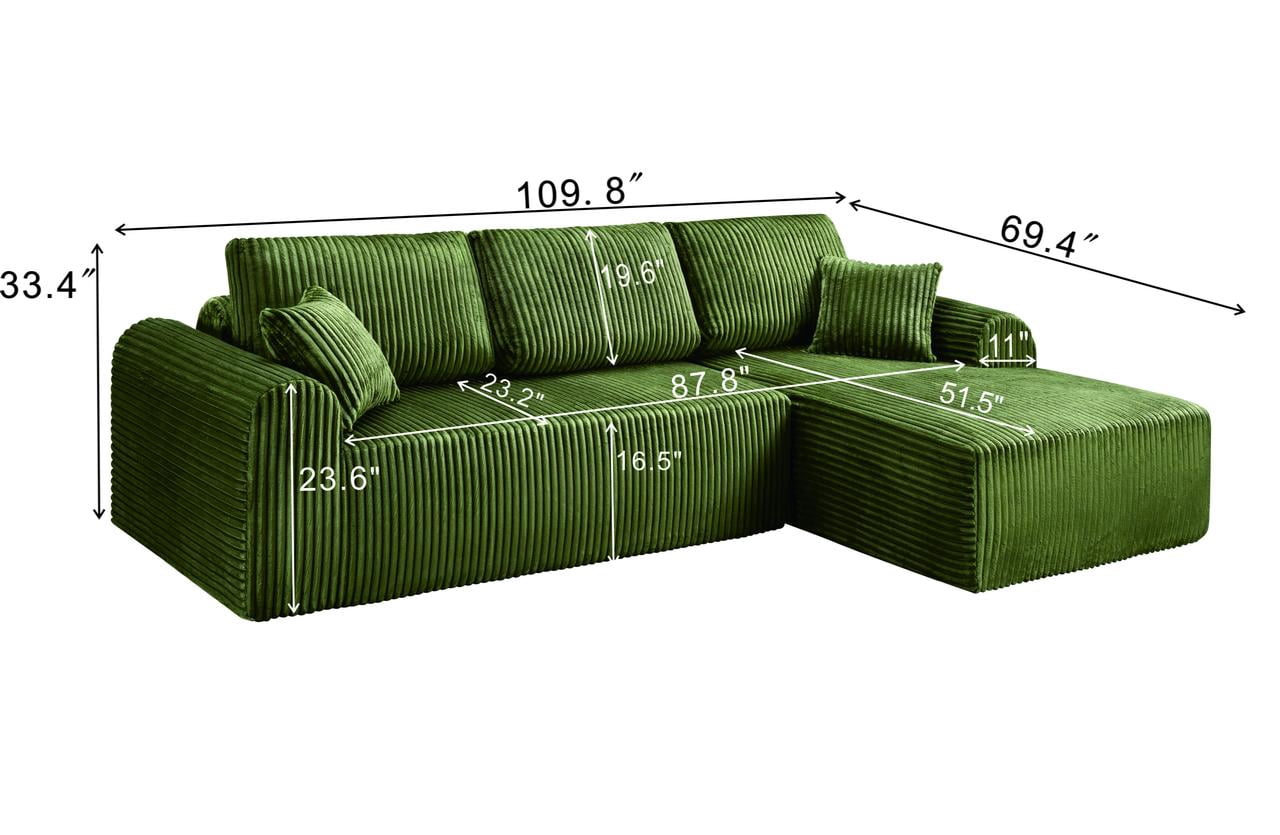 Shikeyi 109" Cloud Modular Sectional Sofa Couch with L-Shape Chaise,Modern Minimalist Upholstered Boneless Couches for Living Room Bedroom, Green
