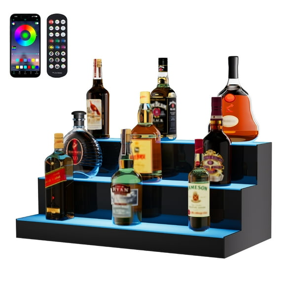 VEVOR LED Lighted Liquor Bottle Display, 3 Tiers 24 Inch Commercial Illuminated Home Bar Shelf, 3 Steps Whiskey Rack Stand, Acrylic Drink Shelves with RF Remote & App Control,and Multicolor lighting