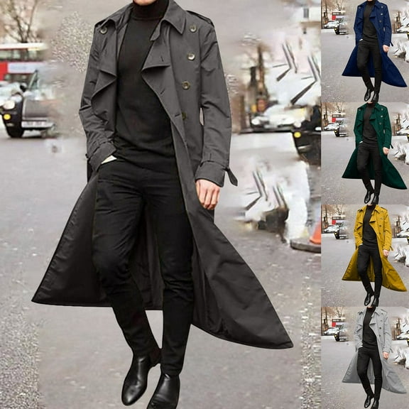 LOVZFMLL Trench Coat for Men Button Down Notched Collar Long Jacket Casual Loose Long Sleeve Overcoat Fall Winter Coat Outwear with Pockets