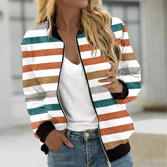 Goodtrade8 Oversized Coats for Women Zip up Bomber Jacket Casual Striped Pocket Women Winter Tops