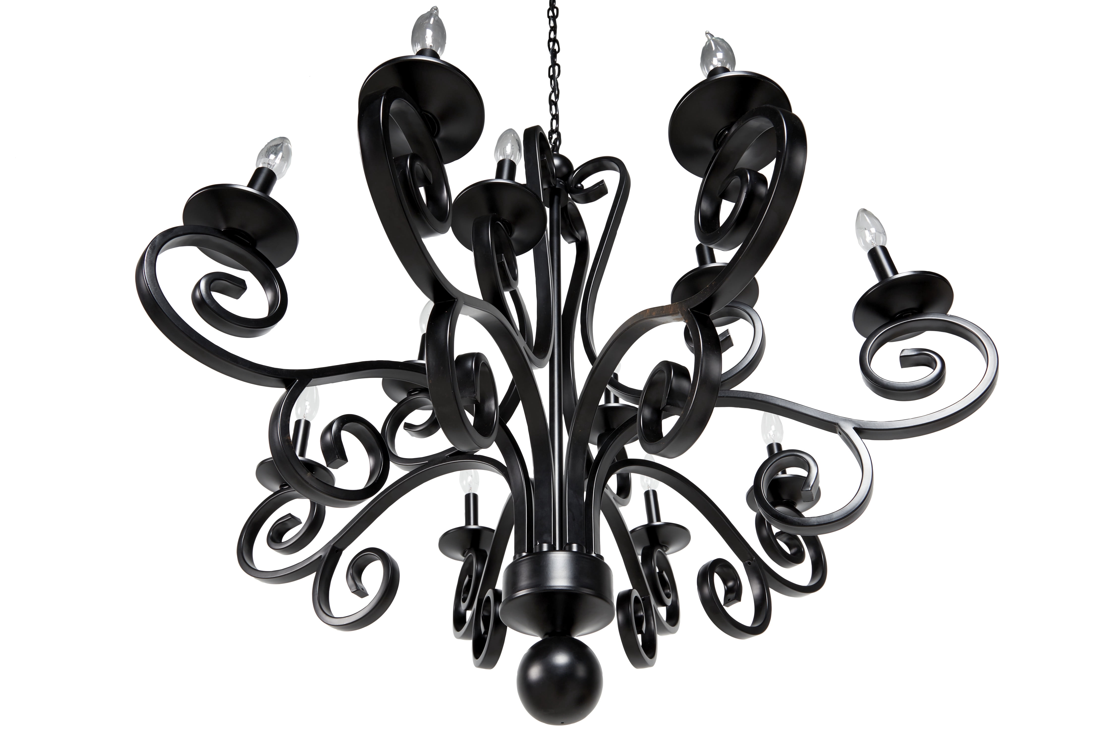DecMode Large Modern Black Metal Chandelier Pendant Light with Scrolled Arms, 35” x 35”