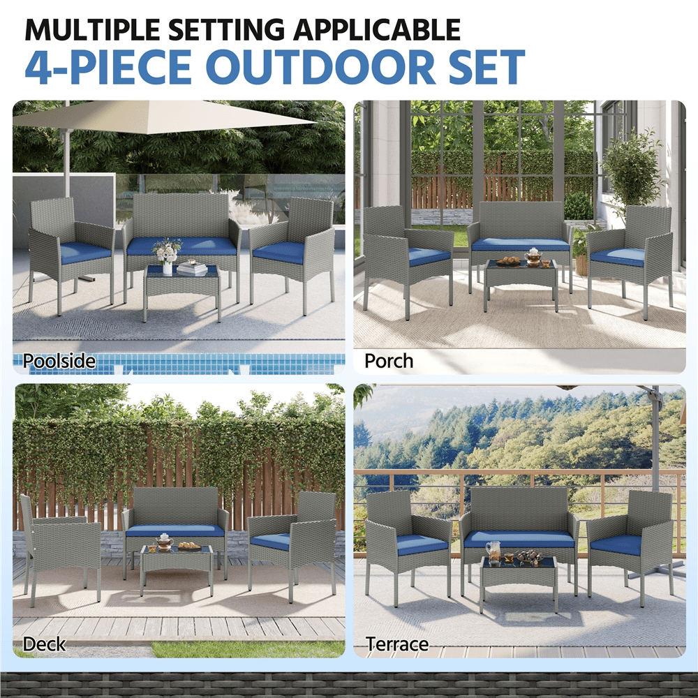 Renwick 4-Piece Outdoor Reception Set with Sofas and Coffee Table, Gray/Dark Blue