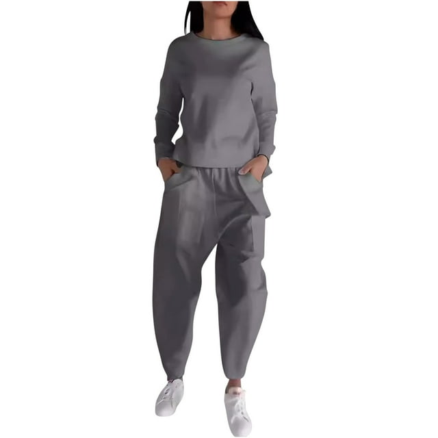 cfhntfmh Women 2 Piece Sets Lounge Long Sleeve Back Drawstring Tops Fall Comfy Tapered Pants Plus Size Outfits
