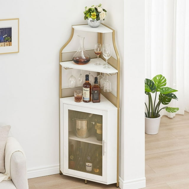 Armoire de Bar d'Angle, Armoire à Vin Moderne avec Tablettes de Rangement et Porte en Treillis, Armoire de Rangement pour Alcools de Bar à Domicile avec Support en Verre pour Salon, Salle à Manger