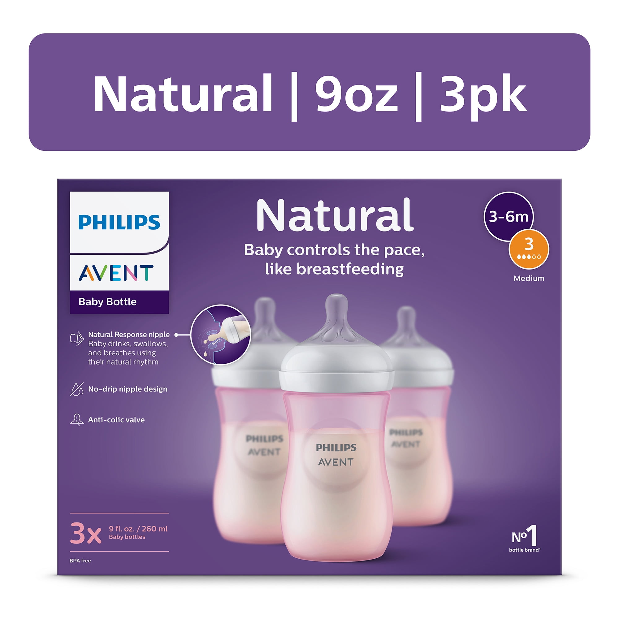 (2 pack) Philips Avent Natural Baby Bottles, Medium Flow, 9oz, Pink, 3-Pack, SCY903/13