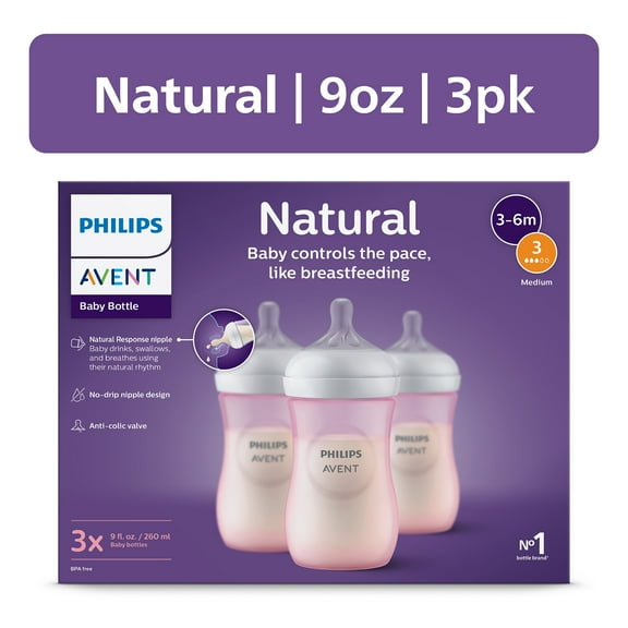Philips Avent Natural Baby Bottles, Medium Flow, 9oz, Pink, 3-Pack, SCY903/13