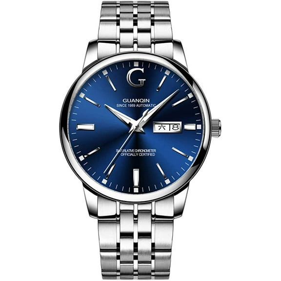 GUANQIN Men Day Date Luminous Analog Japanese Automatic Self Winding Mechanical Wrist Watch with Stainless Steel Bracelet