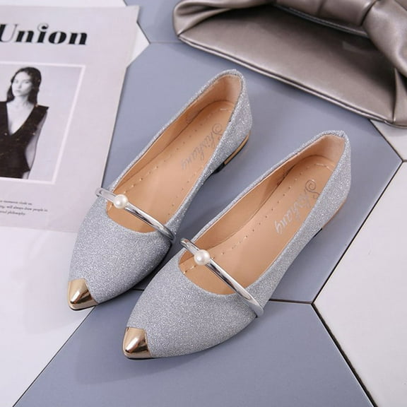 FOLOYORI 1 Pair Elegant Ladies Flat Shoes Silver Rubber Non Slip Easy On Off Work Dating Shopping Wedding Party 9.6In