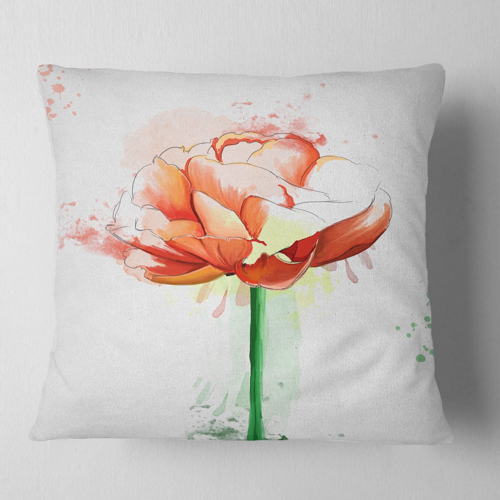 Designart Rose with Stem and Paint Splashes - Floral Throw Pillow - 16x16