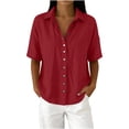 thumbnail image 3 of ClodeEU Women's Linen Blend Short Sleeve Button Down Shirt, Casual Loose Fit Blouse Red,Women's Plus L, 3 of 7