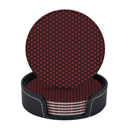 

Red On Black Polka Dots Coasters With Leather Holder Set Of 6 Round Coasters for Home and Kitchen Decor