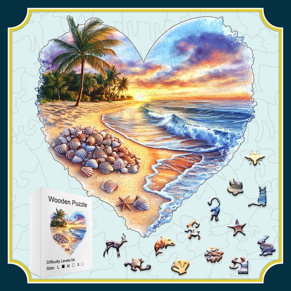 Wooden Jigsaw Puzzle Heart Shaped Beach Scene for Adults & Kids, Unique Animal Pieces, Thick Sturdy Wood, Ideal for Stress Relief & Gift
