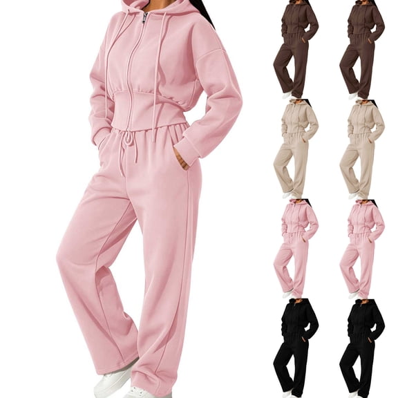 Zynoxe Womens Sweatsuits 2 Piece Set Comfy Drawstring Cropped Hooded Sweatshirt & Elastic Waist Jogger Pants Suit Casual Solid Color Tracksuit Set Fashion Lounge Sets for Women with Pockets S