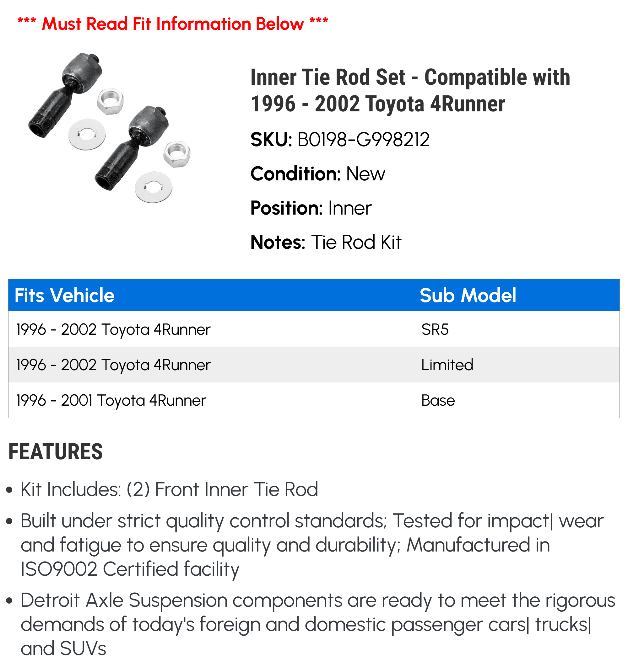 Inner Tie Rod Set - Compatible with 1996 - 2002 Toyota 4Runner 1997 1998 1999 2000 2001