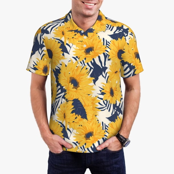 Fotbe Blue Striped Sunflower Camiseta Polo de Golf para Hombre con Estampado – Camisa Deportiva Transpirable con Cuello Abotonado-4X-Large